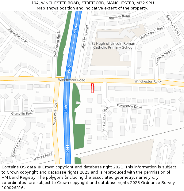 194, WINCHESTER ROAD, STRETFORD, MANCHESTER, M32 9PU: Location map and indicative extent of plot