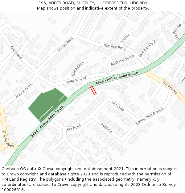 195, ABBEY ROAD, SHEPLEY, HUDDERSFIELD, HD8 8DY: Location map and indicative extent of plot