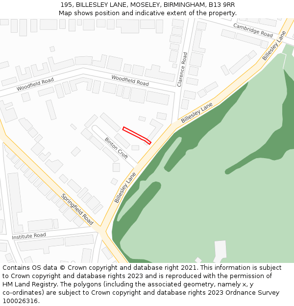 195, BILLESLEY LANE, MOSELEY, BIRMINGHAM, B13 9RR: Location map and indicative extent of plot