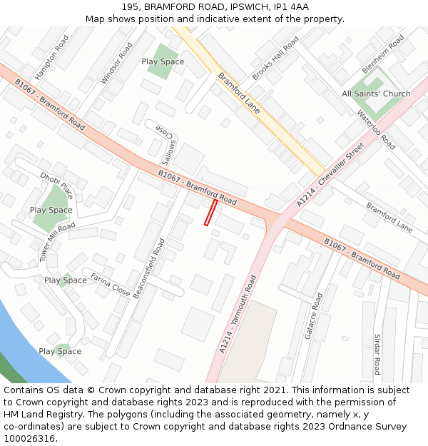 195, BRAMFORD ROAD, IPSWICH, IP1 4AA: Location map and indicative extent of plot
