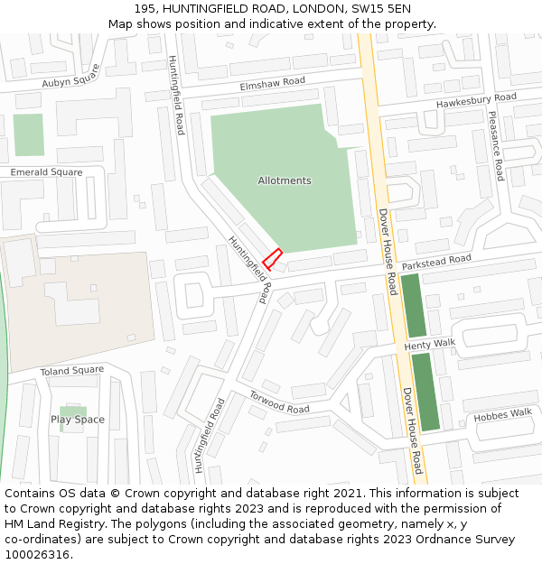 195, HUNTINGFIELD ROAD, LONDON, SW15 5EN: Location map and indicative extent of plot