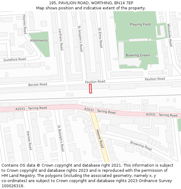 195, PAVILION ROAD, WORTHING, BN14 7EP: Location map and indicative extent of plot