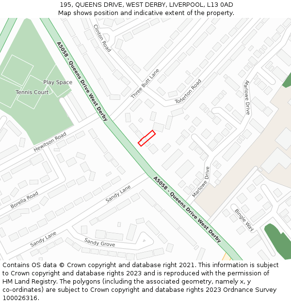 195, QUEENS DRIVE, WEST DERBY, LIVERPOOL, L13 0AD: Location map and indicative extent of plot