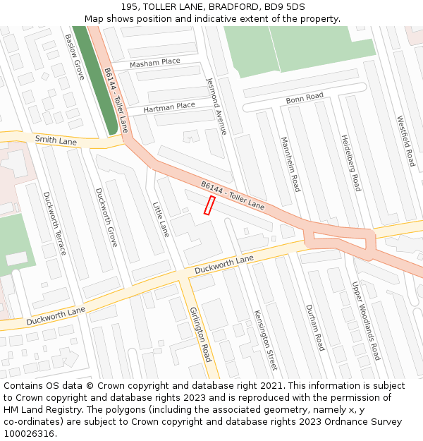 195, TOLLER LANE, BRADFORD, BD9 5DS: Location map and indicative extent of plot
