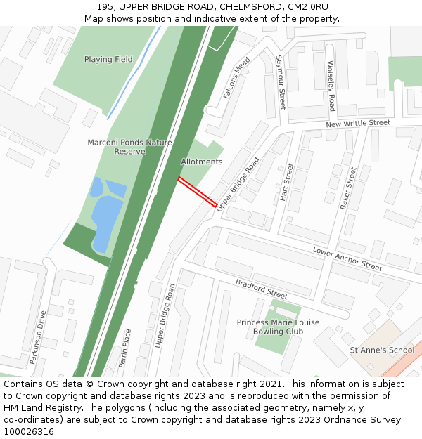 195, UPPER BRIDGE ROAD, CHELMSFORD, CM2 0RU: Location map and indicative extent of plot