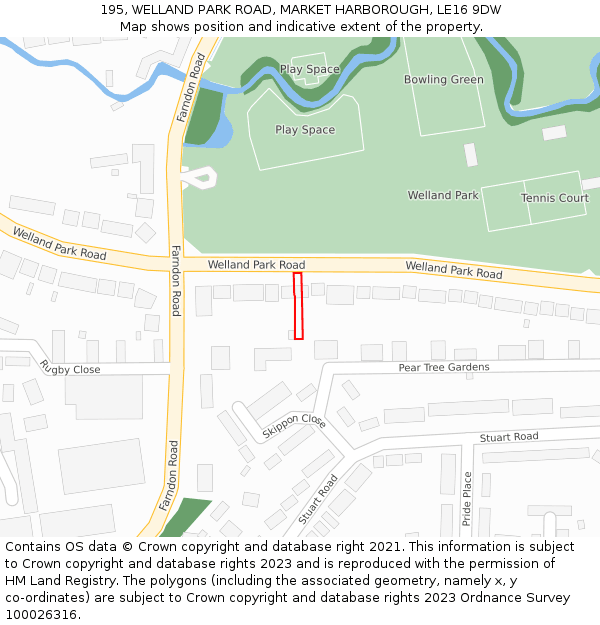 195, WELLAND PARK ROAD, MARKET HARBOROUGH, LE16 9DW: Location map and indicative extent of plot