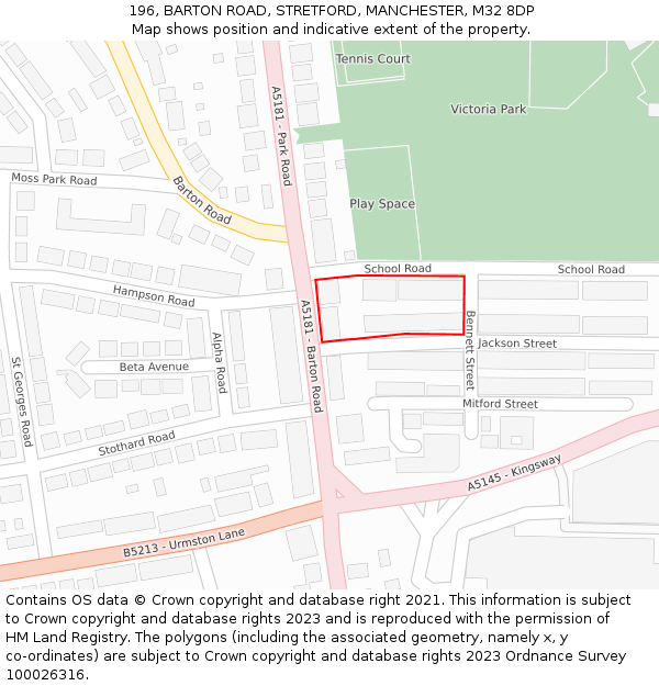 196, BARTON ROAD, STRETFORD, MANCHESTER, M32 8DP: Location map and indicative extent of plot