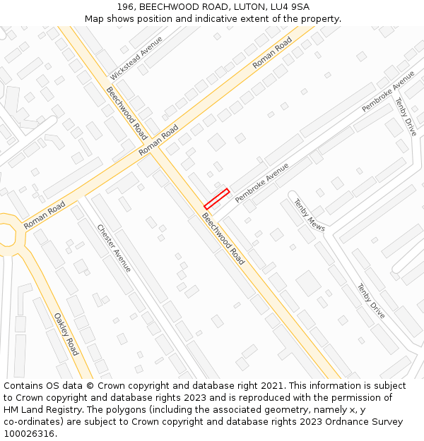 196, BEECHWOOD ROAD, LUTON, LU4 9SA: Location map and indicative extent of plot