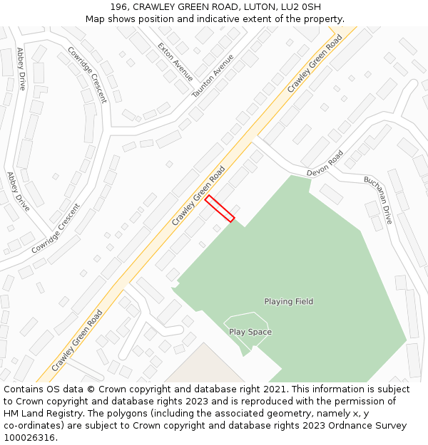 196, CRAWLEY GREEN ROAD, LUTON, LU2 0SH: Location map and indicative extent of plot