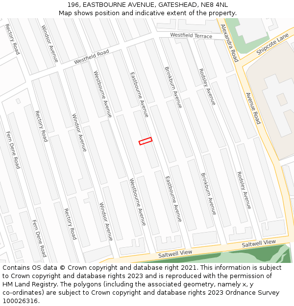 196, EASTBOURNE AVENUE, GATESHEAD, NE8 4NL: Location map and indicative extent of plot