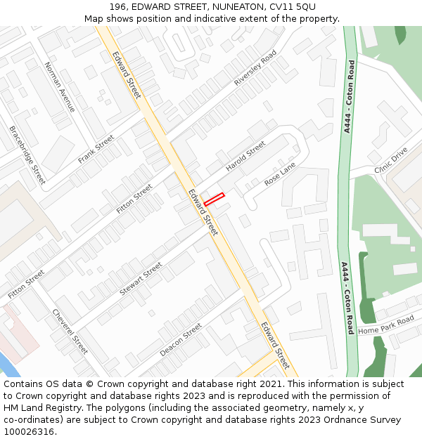 196, EDWARD STREET, NUNEATON, CV11 5QU: Location map and indicative extent of plot