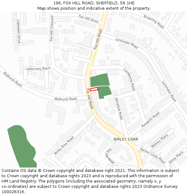 196, FOX HILL ROAD, SHEFFIELD, S6 1HE: Location map and indicative extent of plot