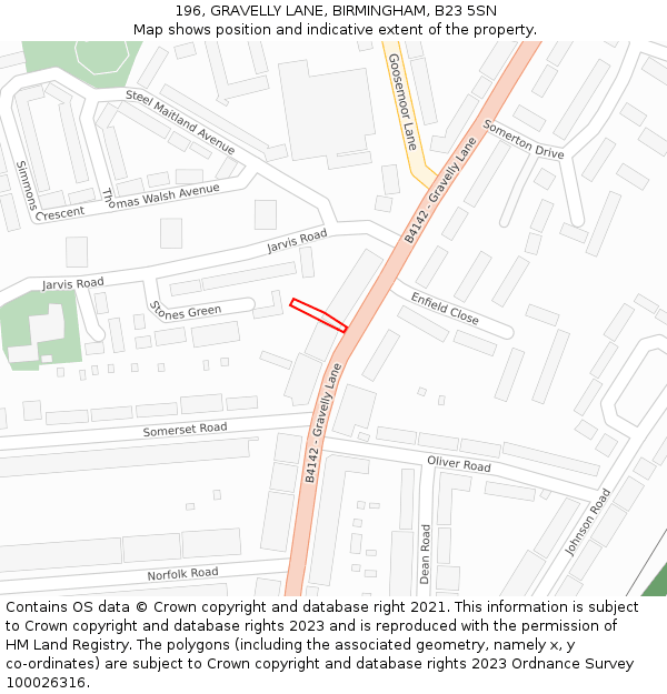 196, GRAVELLY LANE, BIRMINGHAM, B23 5SN: Location map and indicative extent of plot