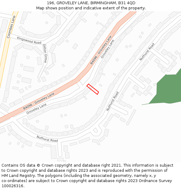 196, GROVELEY LANE, BIRMINGHAM, B31 4QD: Location map and indicative extent of plot