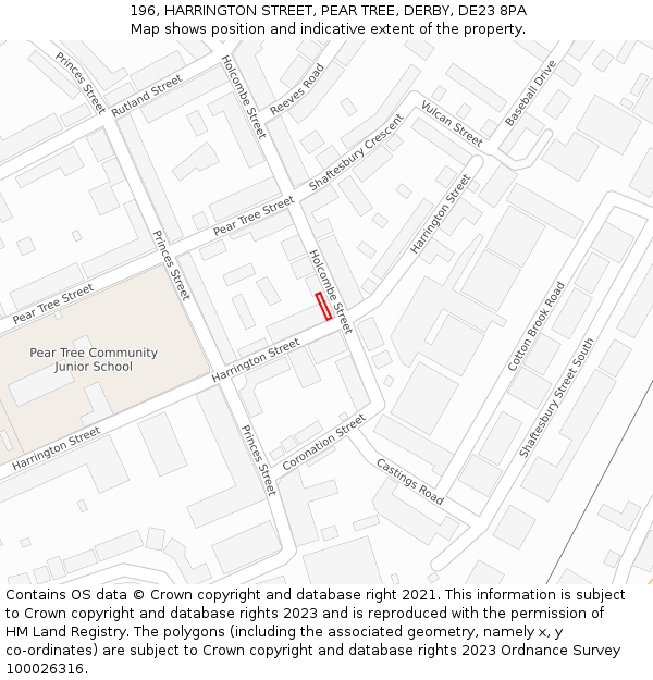 196, HARRINGTON STREET, PEAR TREE, DERBY, DE23 8PA: Location map and indicative extent of plot