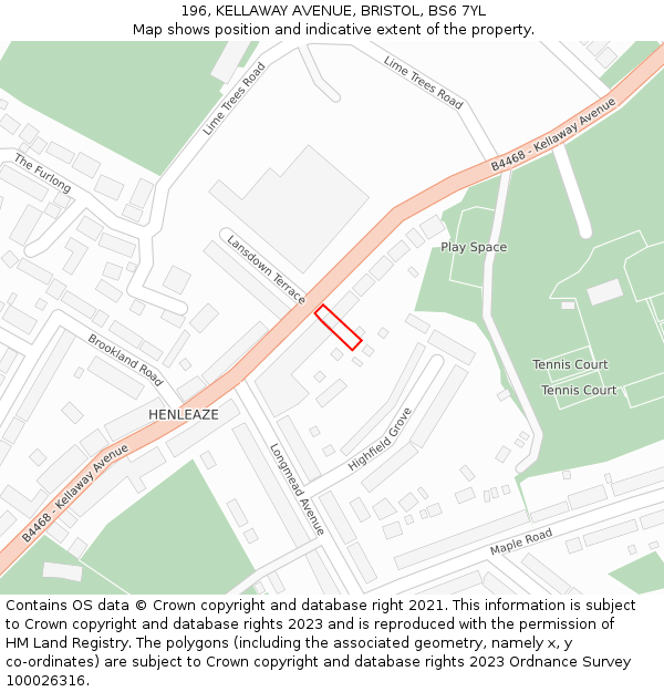196, KELLAWAY AVENUE, BRISTOL, BS6 7YL: Location map and indicative extent of plot