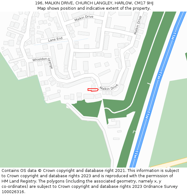 196, MALKIN DRIVE, CHURCH LANGLEY, HARLOW, CM17 9HJ: Location map and indicative extent of plot