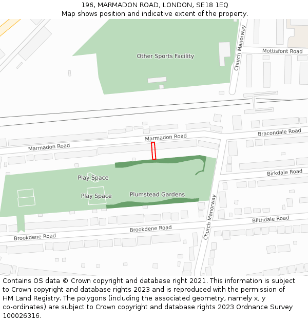 196, MARMADON ROAD, LONDON, SE18 1EQ: Location map and indicative extent of plot