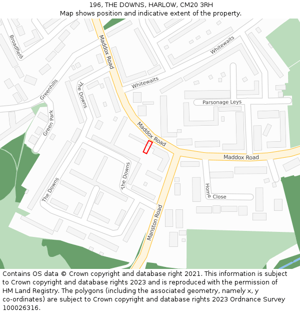 196, THE DOWNS, HARLOW, CM20 3RH: Location map and indicative extent of plot
