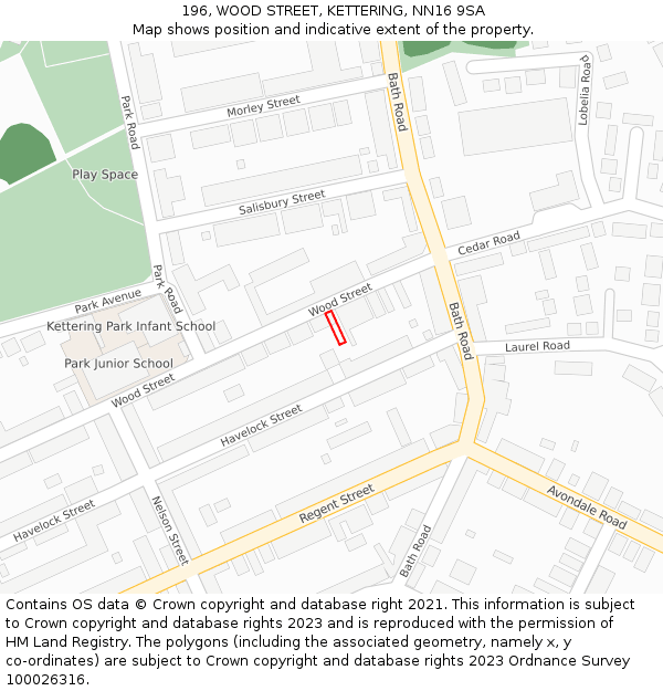 196, WOOD STREET, KETTERING, NN16 9SA: Location map and indicative extent of plot