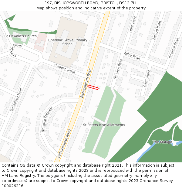 197, BISHOPSWORTH ROAD, BRISTOL, BS13 7LH: Location map and indicative extent of plot