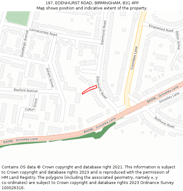 197, EDENHURST ROAD, BIRMINGHAM, B31 4PP: Location map and indicative extent of plot