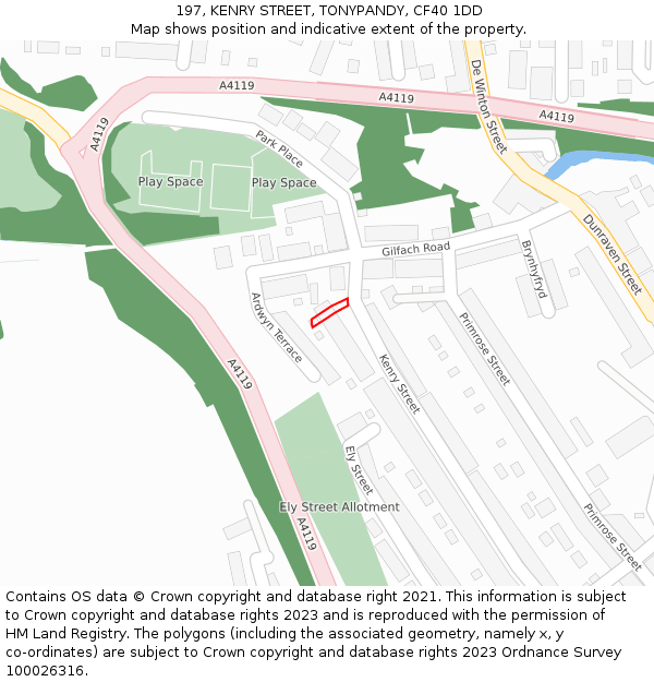 197, KENRY STREET, TONYPANDY, CF40 1DD: Location map and indicative extent of plot