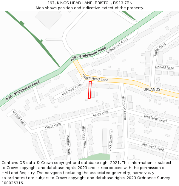 197, KINGS HEAD LANE, BRISTOL, BS13 7BN: Location map and indicative extent of plot