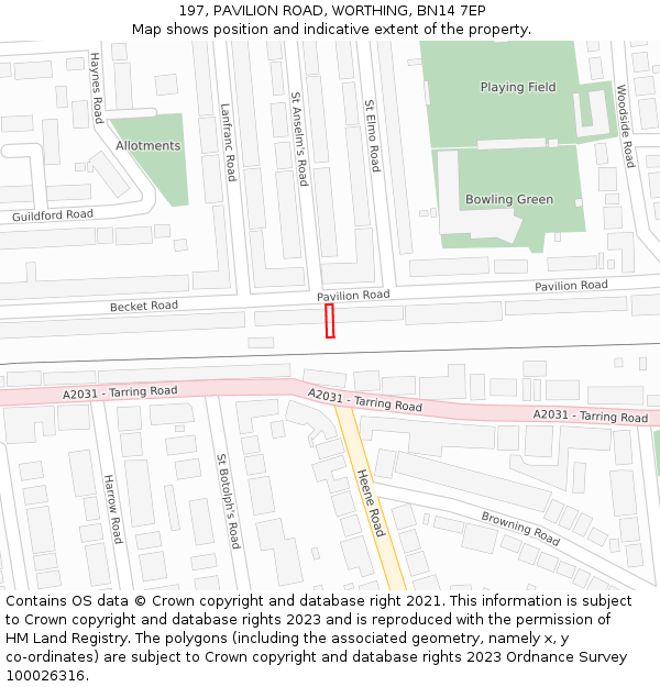 197, PAVILION ROAD, WORTHING, BN14 7EP: Location map and indicative extent of plot