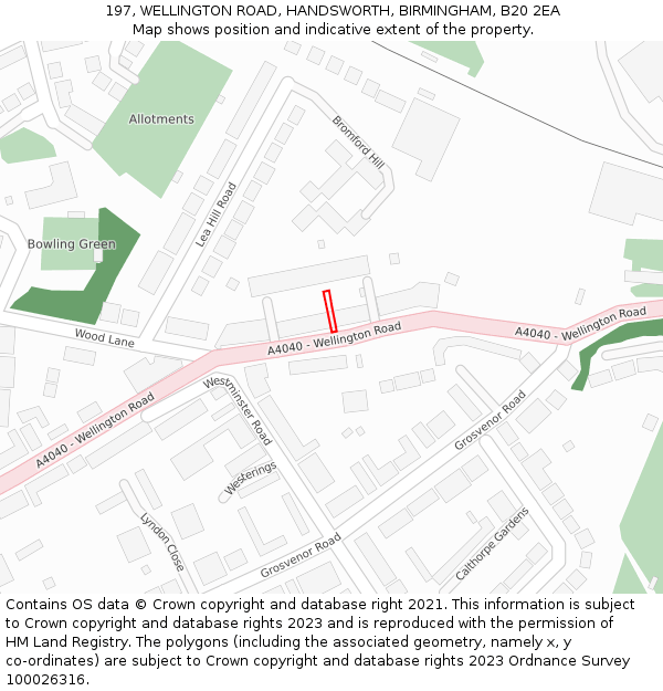 197, WELLINGTON ROAD, HANDSWORTH, BIRMINGHAM, B20 2EA: Location map and indicative extent of plot
