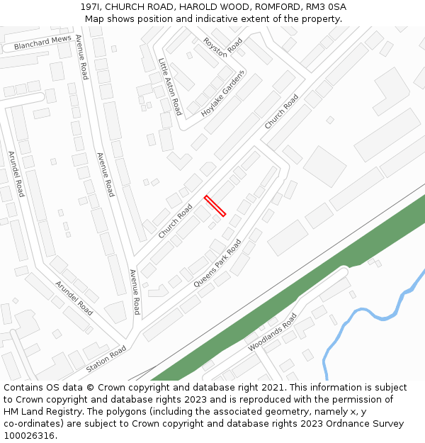 197I, CHURCH ROAD, HAROLD WOOD, ROMFORD, RM3 0SA: Location map and indicative extent of plot