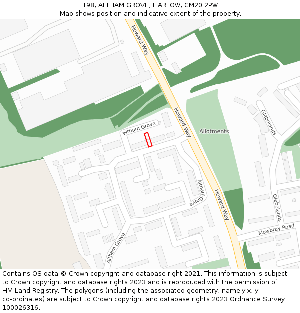 198, ALTHAM GROVE, HARLOW, CM20 2PW: Location map and indicative extent of plot