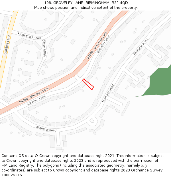 198, GROVELEY LANE, BIRMINGHAM, B31 4QD: Location map and indicative extent of plot