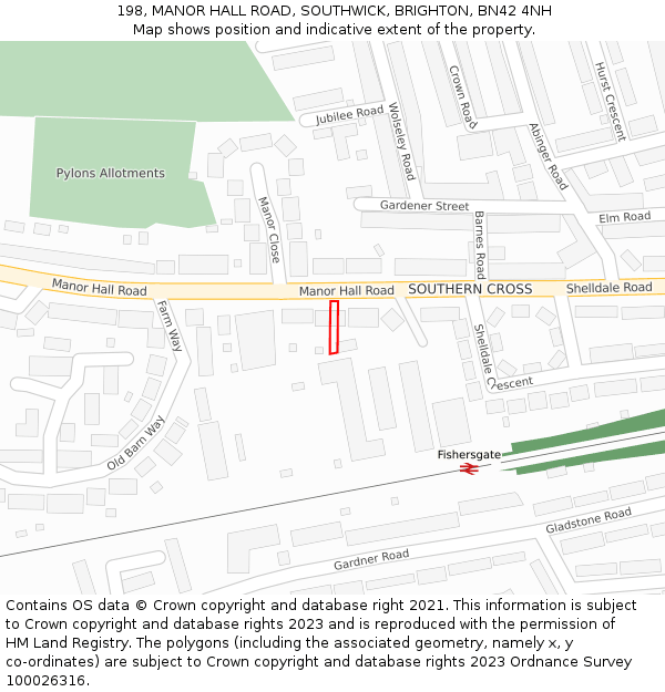 198, MANOR HALL ROAD, SOUTHWICK, BRIGHTON, BN42 4NH: Location map and indicative extent of plot