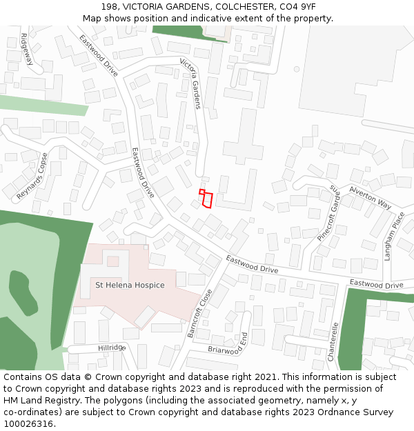 198, VICTORIA GARDENS, COLCHESTER, CO4 9YF: Location map and indicative extent of plot