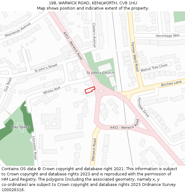 198, WARWICK ROAD, KENILWORTH, CV8 1HU: Location map and indicative extent of plot