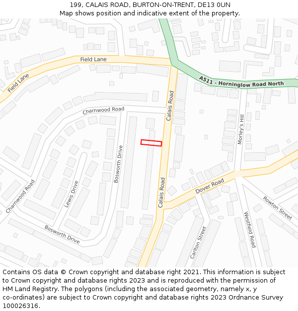199, CALAIS ROAD, BURTON-ON-TRENT, DE13 0UN: Location map and indicative extent of plot