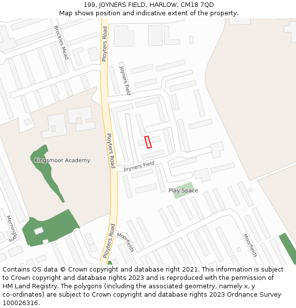 199, JOYNERS FIELD, HARLOW, CM18 7QD: Location map and indicative extent of plot