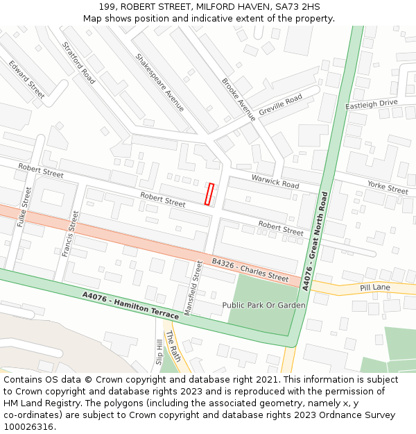 199, ROBERT STREET, MILFORD HAVEN, SA73 2HS: Location map and indicative extent of plot