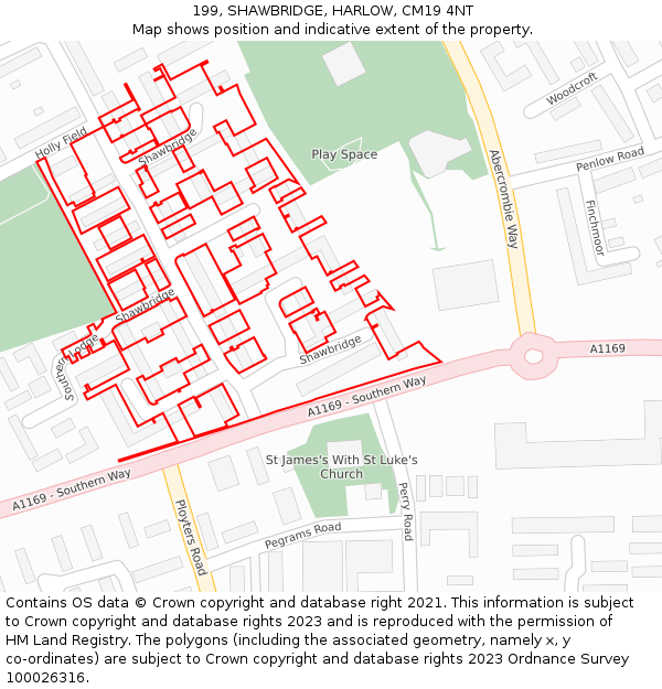 199, SHAWBRIDGE, HARLOW, CM19 4NT: Location map and indicative extent of plot