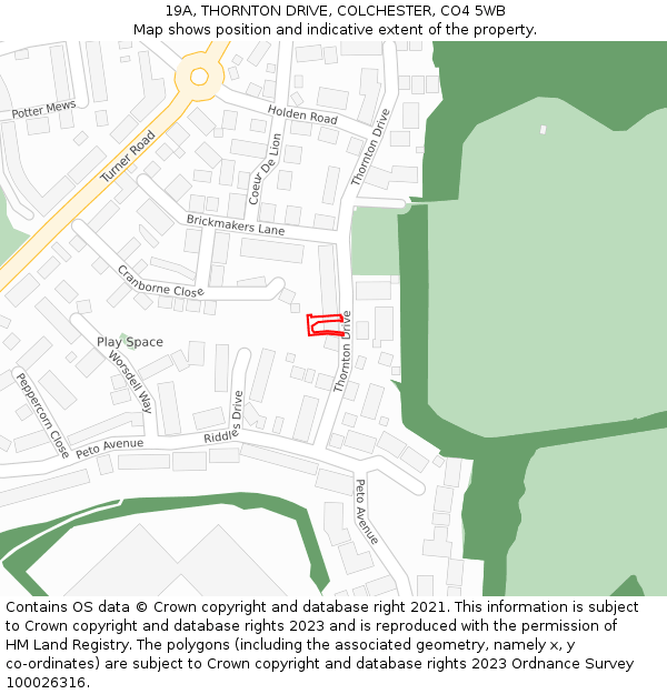 19A, THORNTON DRIVE, COLCHESTER, CO4 5WB: Location map and indicative extent of plot