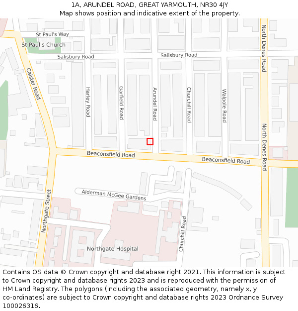 1A, ARUNDEL ROAD, GREAT YARMOUTH, NR30 4JY: Location map and indicative extent of plot