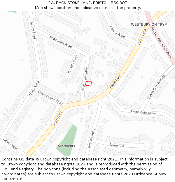 1A, BACK STOKE LANE, BRISTOL, BS9 3QT: Location map and indicative extent of plot