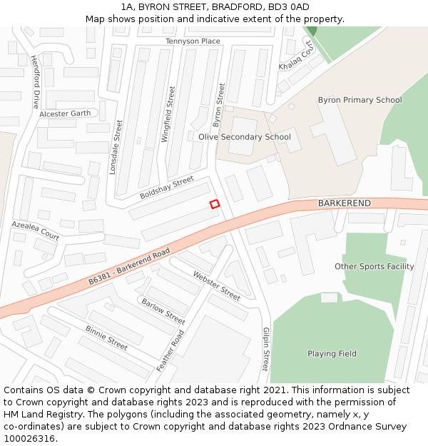 1A, BYRON STREET, BRADFORD, BD3 0AD: Location map and indicative extent of plot