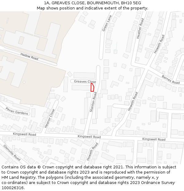 1A, GREAVES CLOSE, BOURNEMOUTH, BH10 5EG: Location map and indicative extent of plot