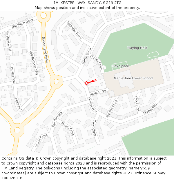 1A, KESTREL WAY, SANDY, SG19 2TG: Location map and indicative extent of plot
