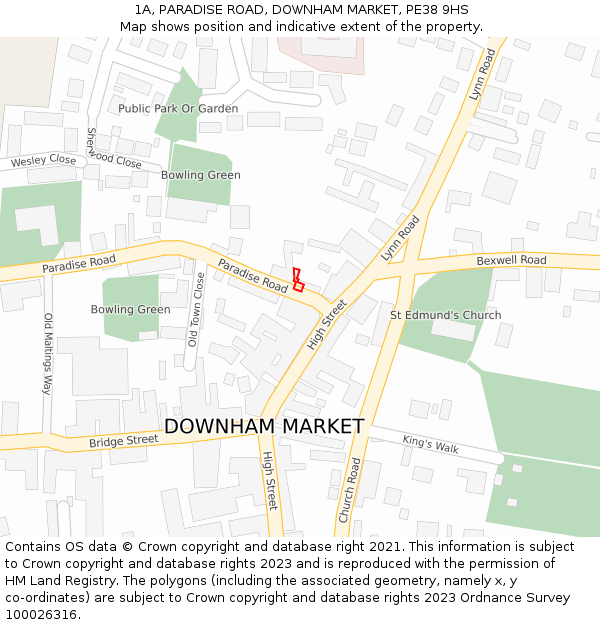 1A, PARADISE ROAD, DOWNHAM MARKET, PE38 9HS: Location map and indicative extent of plot