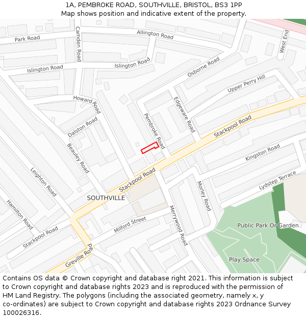 1A, PEMBROKE ROAD, SOUTHVILLE, BRISTOL, BS3 1PP: Location map and indicative extent of plot