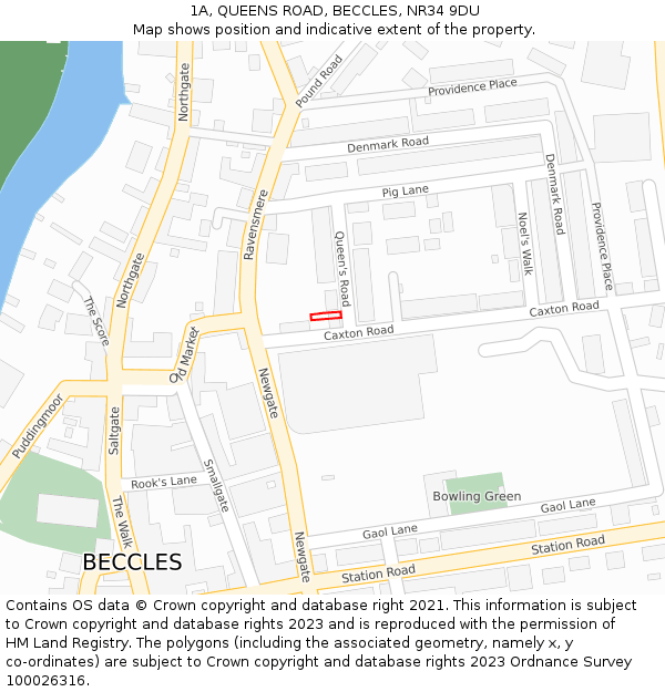 1A, QUEENS ROAD, BECCLES, NR34 9DU: Location map and indicative extent of plot