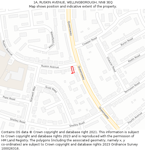 1A, RUSKIN AVENUE, WELLINGBOROUGH, NN8 3EQ: Location map and indicative extent of plot